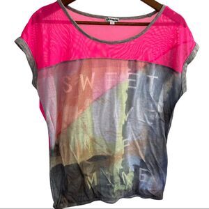 Express Pink Mesh Graphic Top Sheer Short Sleeve Y2K Small